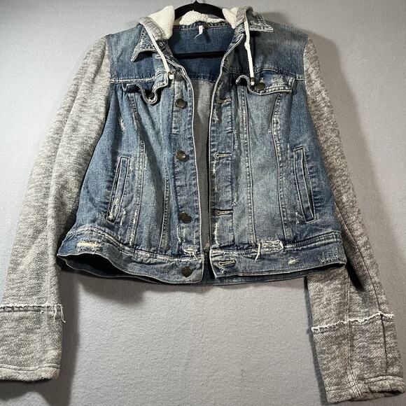 Free People Jean Jacket Blue Grey Denim Hooded‎ Trucker Distressed Womens Large - Picture 3 of 12